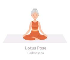 Lotus Yoga pose. Padmasana. Elderly woman practicing yoga asana. Healthy lifestyle. Flat cartoon character. Vector illustration