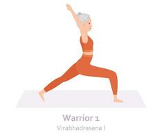 Warrior 1 Yoga pose. Virabhadrasana I. Elderly woman practicing yoga asana. Healthy lifestyle. Flat cartoon character. Vector illustration