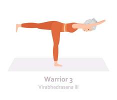 Warrior 3 Yoga pose. Virabhadrasana III. Elderly woman practicing yoga asana. Healthy lifestyle. Flat cartoon character. Vector illustration