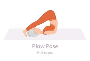 Plow Yoga pose. Halasana. Elderly woman practicing yoga asana. Healthy lifestyle. Flat cartoon character. Vector illustration