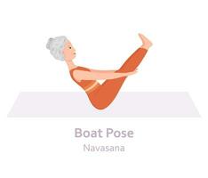 Boat Yoga pose. Navasana. Elderly woman practicing yoga asana. Healthy lifestyle. Flat cartoon character. Vector illustration