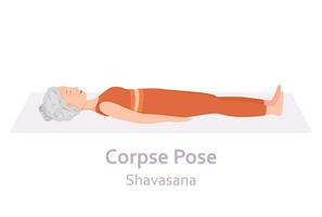 Corpse Yoga pose. Shavasana. Elderly woman practicing yoga asana. Healthy lifestyle. Flat cartoon character. Vector
