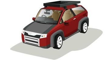 Object of traveler car red color. Can view interior. Inside with steering wheel and console with seat. Separate layer bonnet. On roof with rack. Isolated white background with shadow. vector