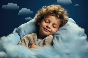 un niño pacíficamente dormido en un nube cama aislado en un suave azul degradado antecedentes foto