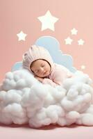 A baby calmly napping on a whimsical cloud bed isolated on a pastel gradient background photo