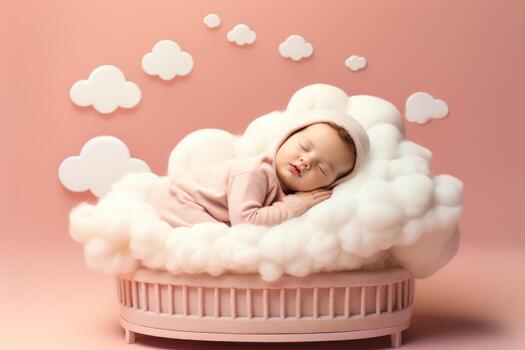 A baby calmly napping on a whimsical cloud bed isolated on a pastel gradient background photo