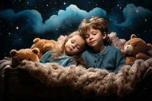 Children sleeping on cloud beds in night sky background with empty space for text photo