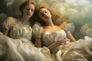 Dancers resting on ethereal clouds submerged in a dreamy mystical sky photo