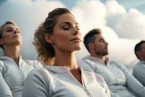 Athletes recuperating on clouds after intense workout background with empty space for text photo