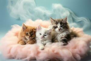 Pet animals snoozing on enchanted cloud beds background with empty space for text photo