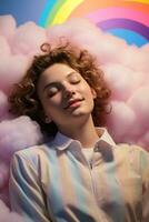 A teen dozing on a dreamy cloud isolated on a rainbow gradient background photo