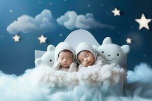 Babies napping on fluffy cloud beds in a magical aura background with empty space for text photo