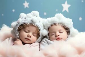 Babies napping on fluffy cloud beds in a magical aura background with empty space for text photo
