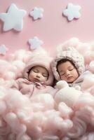 Babies napping on fluffy cloud beds in a magical aura background with empty space for text photo