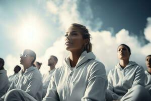 Athletes recuperating on clouds after intense workout background with empty space for text photo