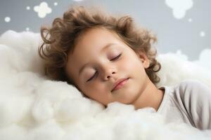 un niño pacíficamente dormido en un nube aislado en un blanco antecedentes foto
