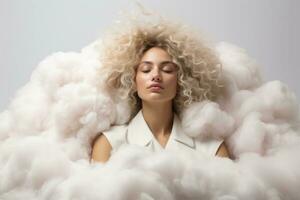 Surreal artist laying on a fluffy cloud isolated on a white background photo
