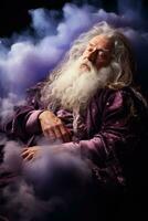 An elderly wizard resting on a fluffy cloud isolated on a purple gradient background photo
