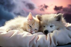 Pet animals snoozing on enchanted cloud beds background with empty space for text photo