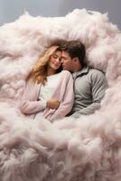 Romantic couples sleeping on dreamy cloud beds background with empty space for text photo