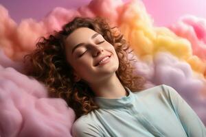 A teen dozing on a dreamy cloud isolated on a rainbow gradient background photo