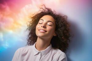 A teen dozing on a dreamy cloud isolated on a rainbow gradient background photo