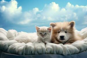 Pet animals snoozing on enchanted cloud beds background with empty space for text photo