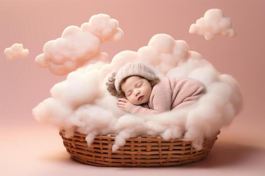 A baby calmly napping on a whimsical cloud bed isolated on a pastel gradient background photo