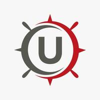 Letter U Ship Logo Concept With Ship Wheel Sign Vector Template