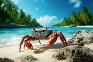 Colorful Crab on tropical beach. Generate Ai photo