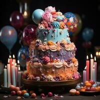 cumpleaños pastel con varios Fruta sabores, para cumpleaños celebraciones y regalos desde amado unos. genial para negocio, sitio web, ventas, Blog, medios de comunicación, cumpleaños un pan inspiración etc. ai generativo diseño foto