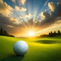 Golf balls in a vast meadow with exotic natural beauty and sunset objects, great for sports, websites, hobbies, blogs, business, companies etc. Ai generated image concept photo