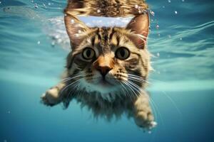 Cat summer swimming pool party. Generate Ai photo