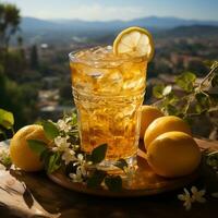 Lemon squeezed lifestyle healthy and diet drink on table, refreshing drink improves mood and prevents free radicals. Great for websites, businesses, social media etc. Ai generative image photo