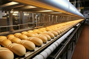 Efficient Bread bakery conveyor. Generate Ai photo