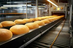 Continuous Bread bakery conveyor. Generate Ai photo