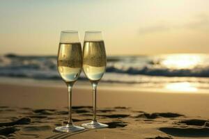 Champagne glasses beach. Generate Ai photo