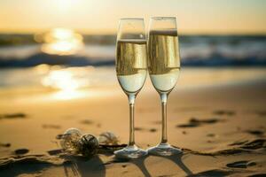 Sandy Champagne glasses beach. Generate Ai photo