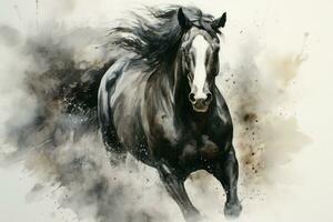 Dark Black horse watercolor. Generate Ai photo