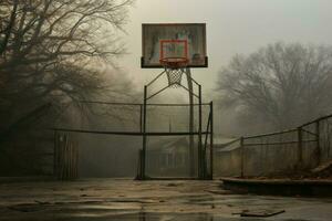 Bright Basketball court outdoor foggy. Generate Ai photo