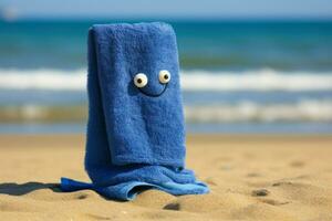 Refreshing Blue towel summer beach sand. Generate Ai photo