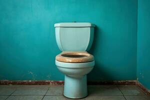 Eye-catching Ceramic toilet blue wall. Generate Ai photo
