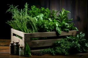 Fragrant Crate aromatic herbs. Generate Ai photo