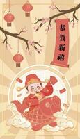 Cute God of Wealth in the new year with a scroll hanging on the tree with Chinese characters saying congratulations on the new year vector