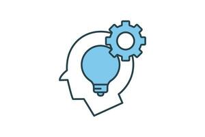 Critical thinking icon. head, bulb and gear icon. suitable for web site design, app, UI, user interfaces, printable etc. Flat line icon style. Simple vector design editable