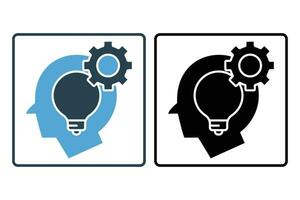 Critical thinking icon. head, bulb and gear icon. suitable for web site design, app, UI, user interfaces, printable etc. Solid icon style. Simple vector design editable