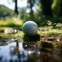 Golf ball on muddy grass field, sport theme concept, tournament, competition, hobby, luxury hobby. Generative Ai Images photo