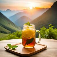 Lemon tea drink served with glass filled with ice and lemon slices exotic background of mountains, rivers, lakes great for business, wallpaper, blog, company, website etc. Generative AI technology photo