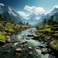 Beautiful landscape of mountains, flowing rivers and valleys in the highlands, great for websites, blogs, backdrops, business etc. Image from generative ai photo