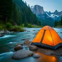 Panoramic view with camping tents in river, mountains and forest area concept in winter, summer and spring. Good for websites, blogs, social media, advertising, business etc. Ai generated image photo